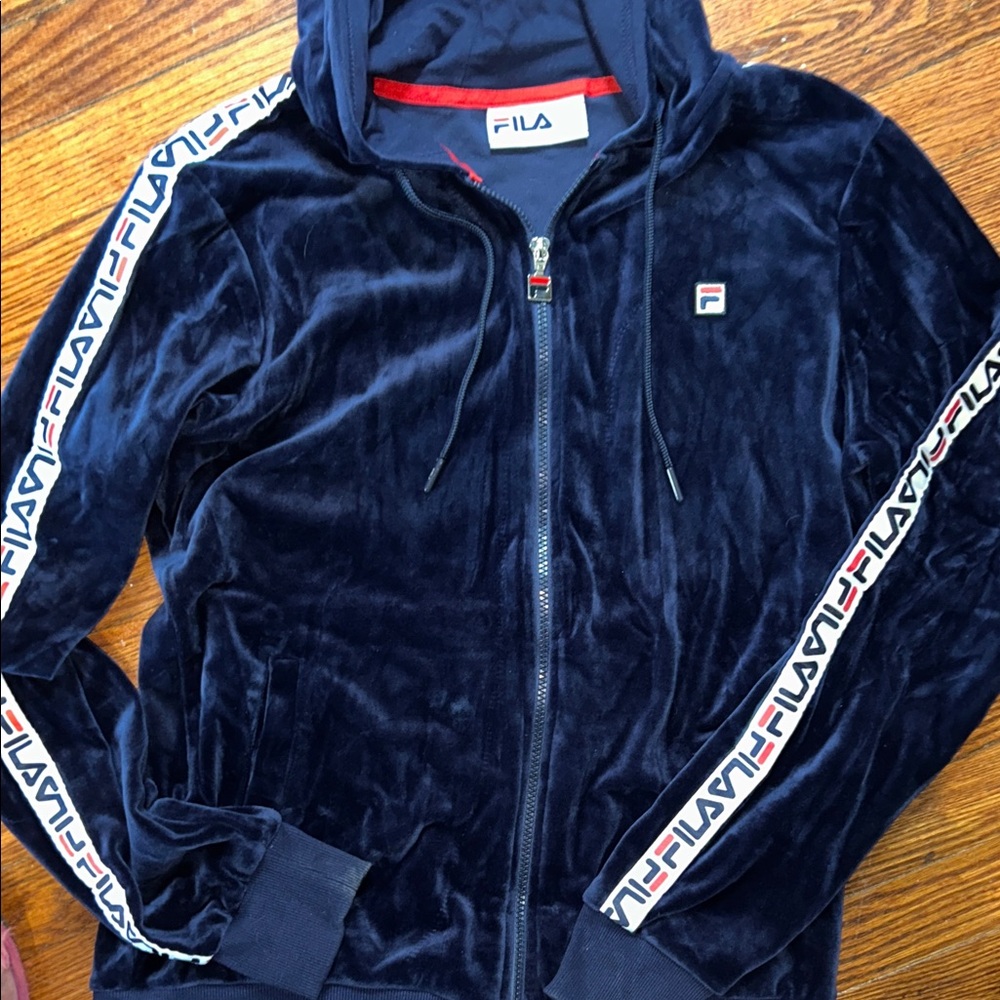 FILA Sz L UNISEX Dark Blue VELOUR and Red/White stripe detail Apparel - Picture 3 of 11